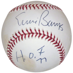 Ernie Banks Autographed Official MLB Baseball w/ HOF 77 - JSA